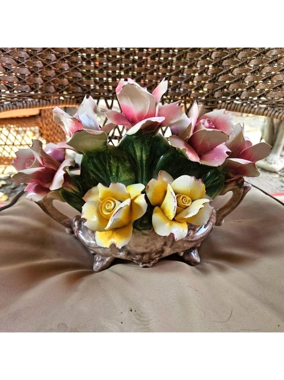 Vintage Antique Capodemonte Porcelain Floral Basket